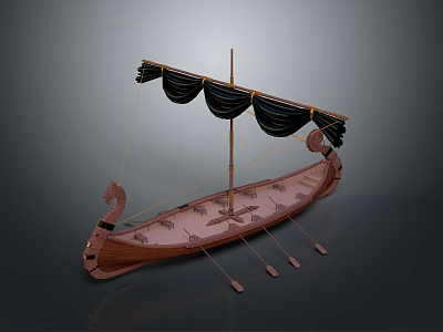 Ancient Wooden Watercraft with Black Sails Carved Figurehead and Multiple Oars 3d model