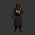 Man In Medieval Style Hooded Brown Robe With Ornamental Belt And Long Tunic