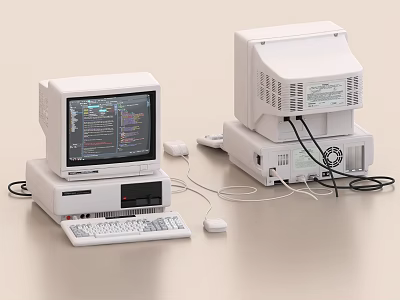 Vintage Computer System With Code Display Keyboard Mouse And Stacked Components 3d model