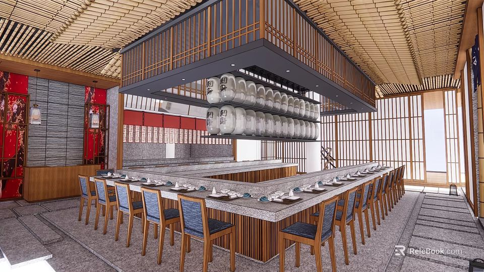 Japanese Style Restaurant Interior With Wooden Ceiling Central Counter Hanging Plates And Sliding Screens 3d model 