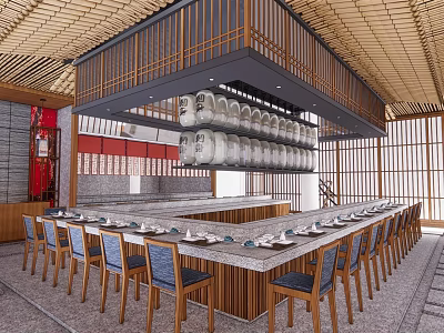 Japanese Style Restaurant Interior With Wooden Ceiling Central Counter Hanging Plates And Sliding Screens 3d model