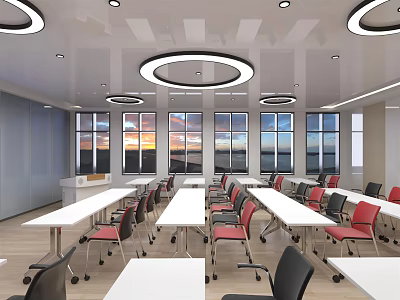 School Classroom With Long Tables Red Black Chairs Large Windows Sunset View Circular Pendant Lights 3d model