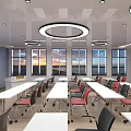 School Classroom With Long Tables Red Black Chairs Large Windows Sunset View Circular Pendant Lights