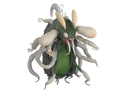Green Fantasy Creature With Multiple Tentacles White Protrusions And Menacing Eyes 3d model