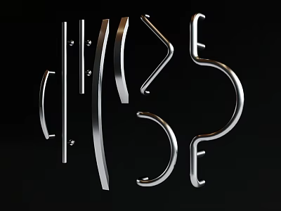Silver Metal Door Handles With Various Curved And Straight Designs On Black Background 3d model