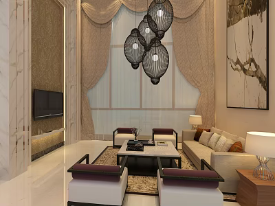 Modern Living Room Interior With Chandeliers Beige Sofa Coffee Table And Wall Art 3d model
