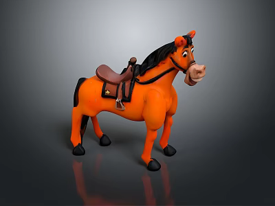 Orange Cartoon Horse Figure With Brown Saddle Black Mane Tail And Hooves On Gray Background 3d model