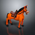Orange Cartoon Horse Figure With Brown Saddle Black Mane Tail And Hooves On Gray Background