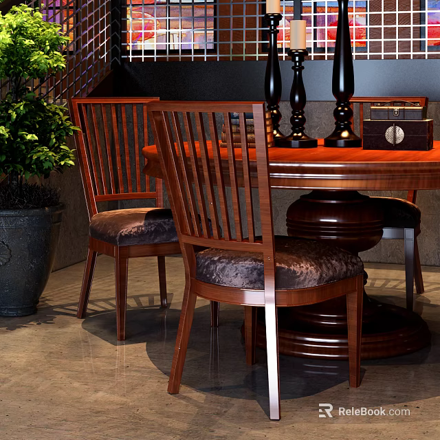 Round Wooden Dining Table With Upholstered Chairs And Decorative Candle Holders 3d model 
