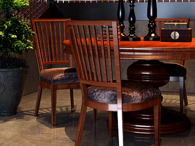 Round Wooden Dining Table With Upholstered Chairs And Decorative Candle Holders 3d model