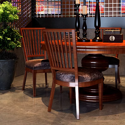 Round Wooden Dining Table With Upholstered Chairs And Decorative Candle Holders 3d model
