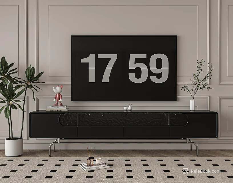 Black TV Stand with Flat Screen TV Green Plants and Decorative Items on Checkered Rug 3d model 