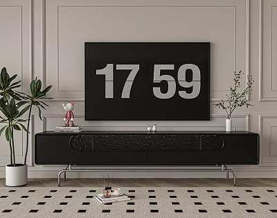 Black TV Stand with Flat Screen TV Green Plants and Decorative Items on Checkered Rug 3d model