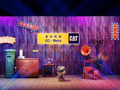 Vintage Decorative Scene With Neon Signs ECI-Metro CAT Logo Green Postbox And Gramophone 3d model