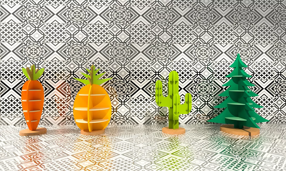 Colorful Unique Shaped Display Shelves Against Geometric Pattern Wall And Patterned Floor 3d model 