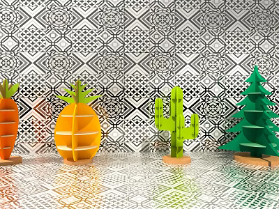 Colorful Unique Shaped Display Shelves Against Geometric Pattern Wall And Patterned Floor 3d model
