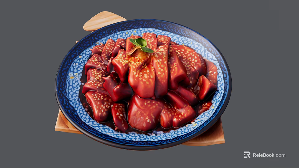 Braised Red Meat With Sesame Seeds Green Garnish On Blue Patterned Plate Wooden Trivet 3d model 