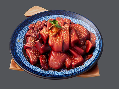 Braised Red Meat With Sesame Seeds Green Garnish On Blue Patterned Plate Wooden Trivet 3d model
