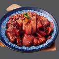 Braised Red Meat With Sesame Seeds Green Garnish On Blue Patterned Plate Wooden Trivet