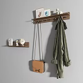 Wall Hooks Holding Brown Bag Green Coat Wooden Shelf Small Decorations And Brown Stool