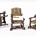 Classic Vintage Armchairs With Ornate Carved Wooden Frames And Patterned Fabric Upholstery