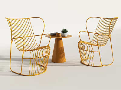 Yellow Wire Chairs And Brown Side Table Set with Small Plant And Books On Tabletop 3d model