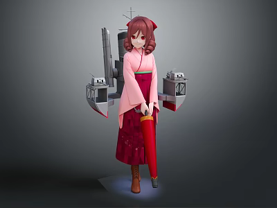 Anime Female Character in Traditional Kimono With Warship Inspired Mechanical Back Appendages and Red Umbrella 3d model