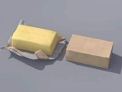 Fresh Butter Block in Wrapping Paper with Cardboard Box on Gray Background 3d model