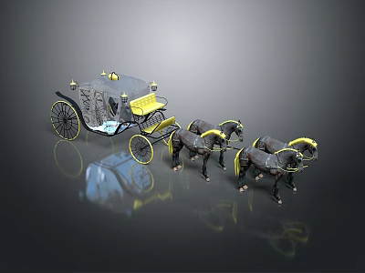 Vintage Horse Drawn Carriage With Yellow Decorative Details And Black Horses 3d model