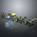 Vintage Horse Drawn Carriage With Yellow Decorative Details And Black Horses