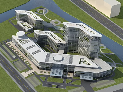 Modern Hospital Complex With Connected Buildings Glass Facades Green Spaces And Surrounding River 3d model
