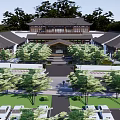 Traditional Style Hotel Building With Multiple Structures Greenery And Parking Spaces 3d model