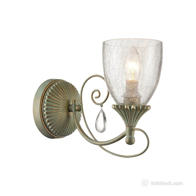 Elegant Ornate Wall Sconce With Textured Glass Shade And Crystal Pendant 3d model 