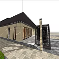 Modern Sales Office Building With Beige Wall Black Roof And Trees In Paved Courtyard