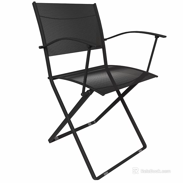 Black Folding Leisure Chair with Metal Frame Mesh Design and Armrests 3d model 