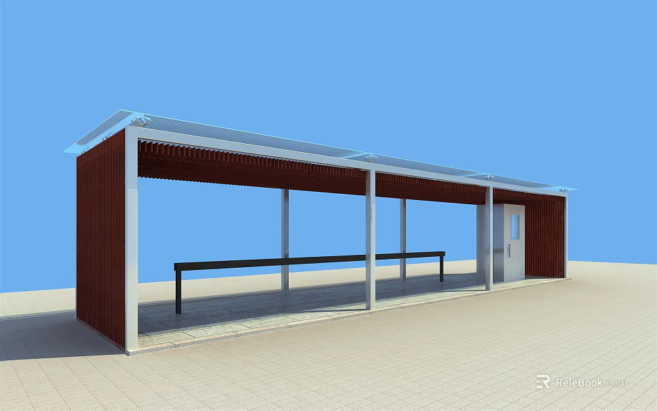 Modern Pergola Structure With Metal Frame Wooden Panels Transparent Roof And Bench 3d model 