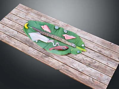 Fresh Aquatic Animals Including Fish And Squid Arranged On Leaf Over Wooden Board 3d model