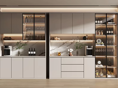 Modern Wine Cabinet With Glass Doors Built In Lighting And Decorative Storage In Home Interior 3d model
