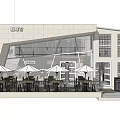 Modern Café Building Exterior With White Walls Large Glass Windows Terrace White Umbrellas And Tables