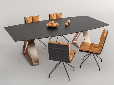Modern Black Conference Table With Metallic Legs Brown Padded Chairs Fruit Bowl And Oranges 3d model