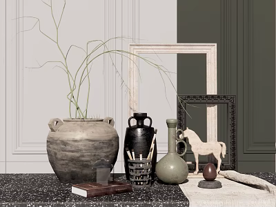 Stylish Decorative Ornament Set With Clay Jar Black Green Vases Horse Figurine And Picture Frames 3d model