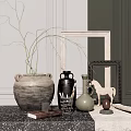 Stylish Decorative Ornament Set With Clay Jar Black Green Vases Horse Figurine And Picture Frames