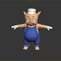 Cartoon Pig Wearing White Hat And Blue Overalls With Open Arms On Shiny Black Floor