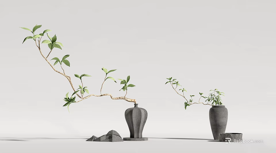 Modern Gray Vases With Curved Branches Green Leaves And Stone Decor On Gray Background 3d model 