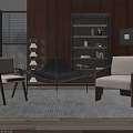 Modern Accent Chairs With Beige Upholstery Wooden Bookshelf And Coffee Table In Contemporary Interior