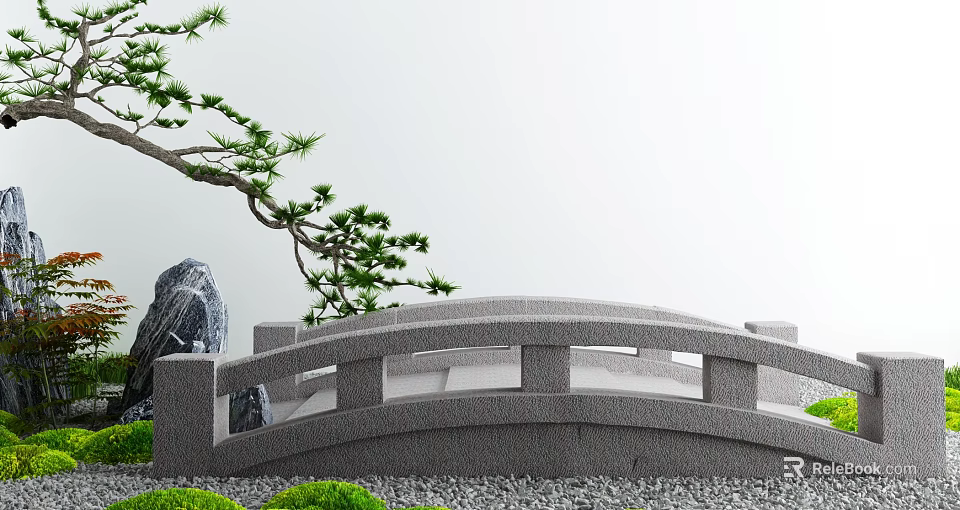 Karesansui Zen Garden Design With Stone Bridge Pine Tree Moss And Gravel 3d model 