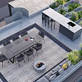 Roof Garden Terrace Design With Dining Table Sofa Bar Counter And Green Plants
