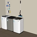 Three White Washing Machines In Laundry Room With Wall Mounted Shelf And Cleaning Supplies