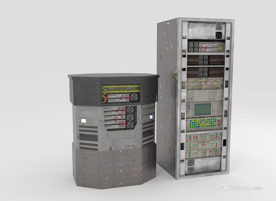 Gray Metal Computer Server Racks With Control Panels And Display Screens 3d model 