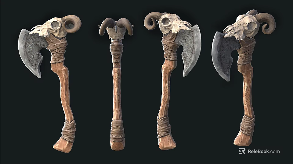 Horned Skull Axe With Wooden Handle And Wrapped Rope In Multiple Views 3d model 